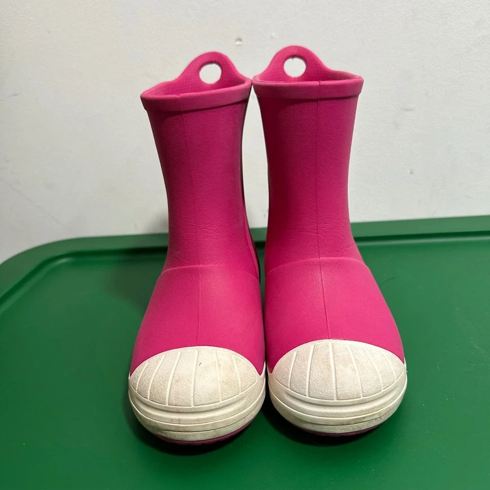 Kids Crocs Rain Boots Pink C10 Rubber Waterproof Pull On